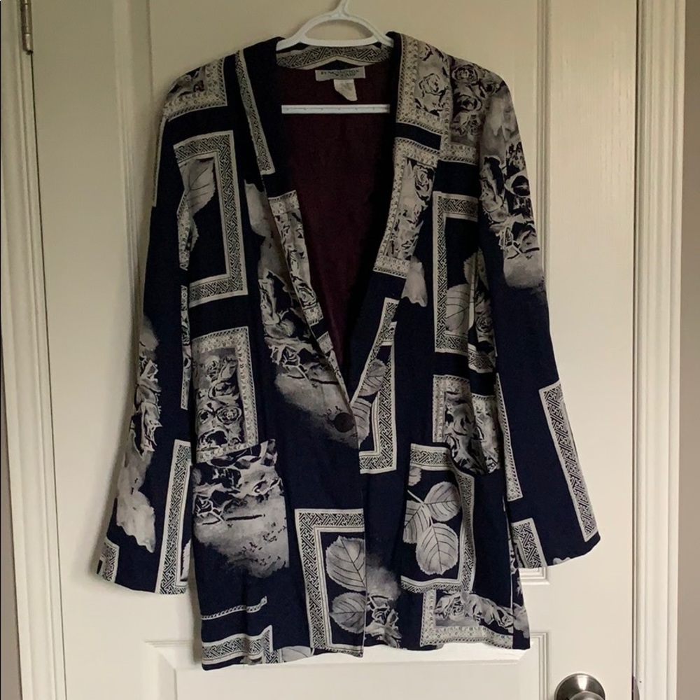 Navy Blue Blazer with White Floral Design